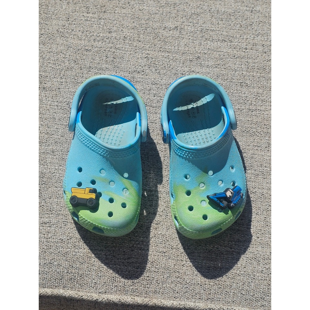 Crocs Kids Blue Green Marble Clogs Construction Truck Charms Size C7